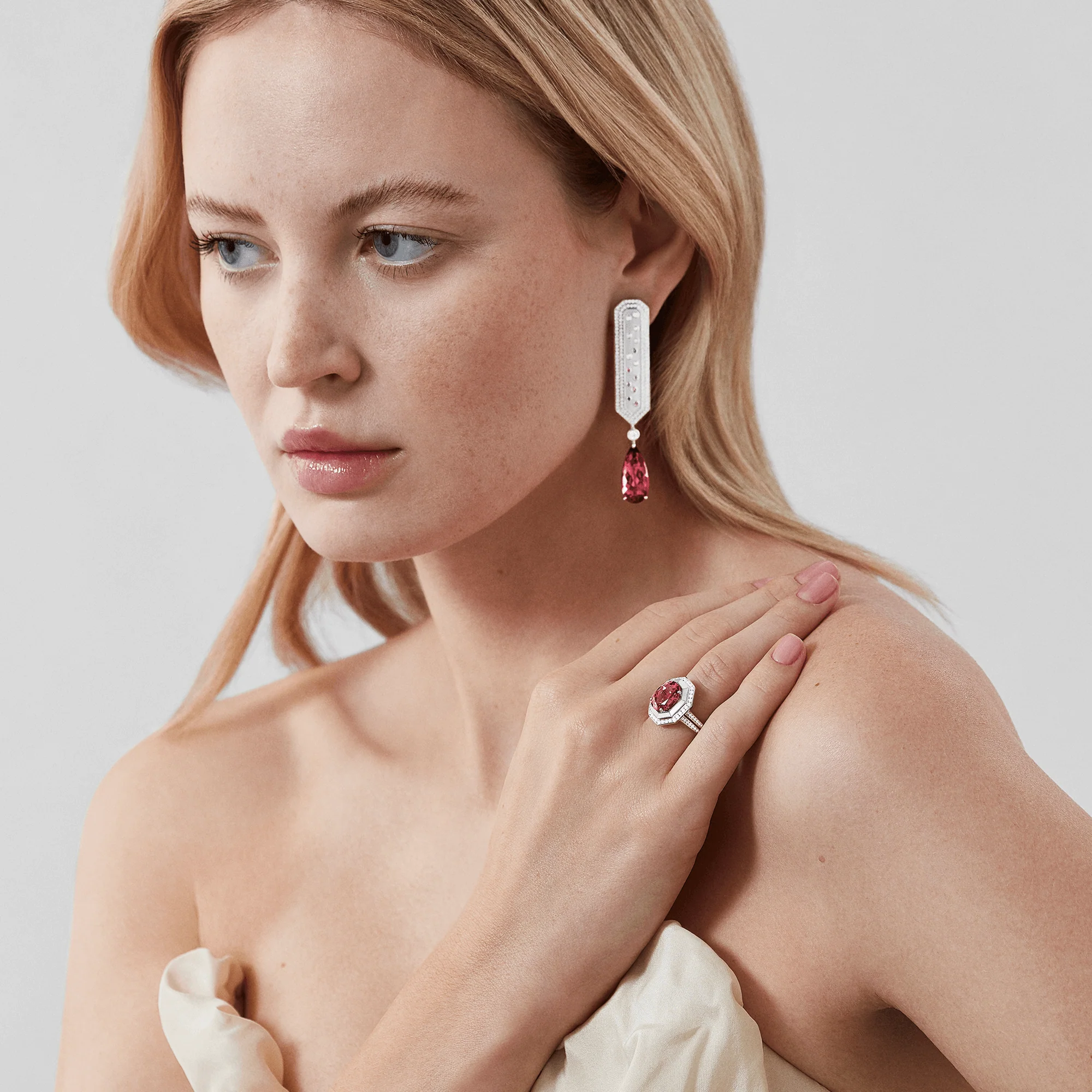 Couture Desert Rose Panel Earrings | In 18ct White Gold with Tourmalines, Diamonds, Pink Sapphires and Mother of Pearl - Image 5