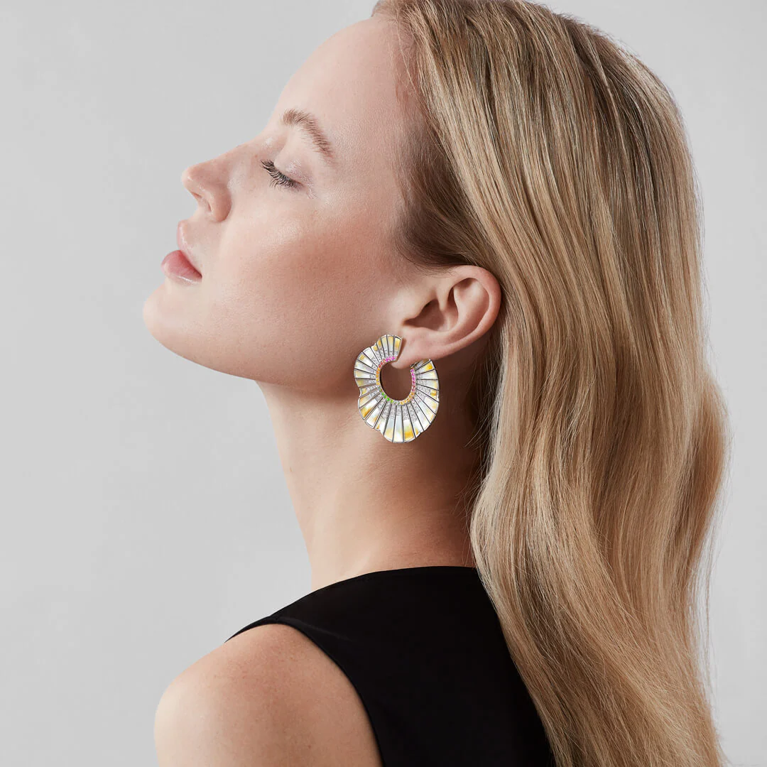 Couture Northern Lights Earrings | In 18ct White Gold with Sapphires, Tsavorites, Diamonds and Mother of Pearl - Image 3