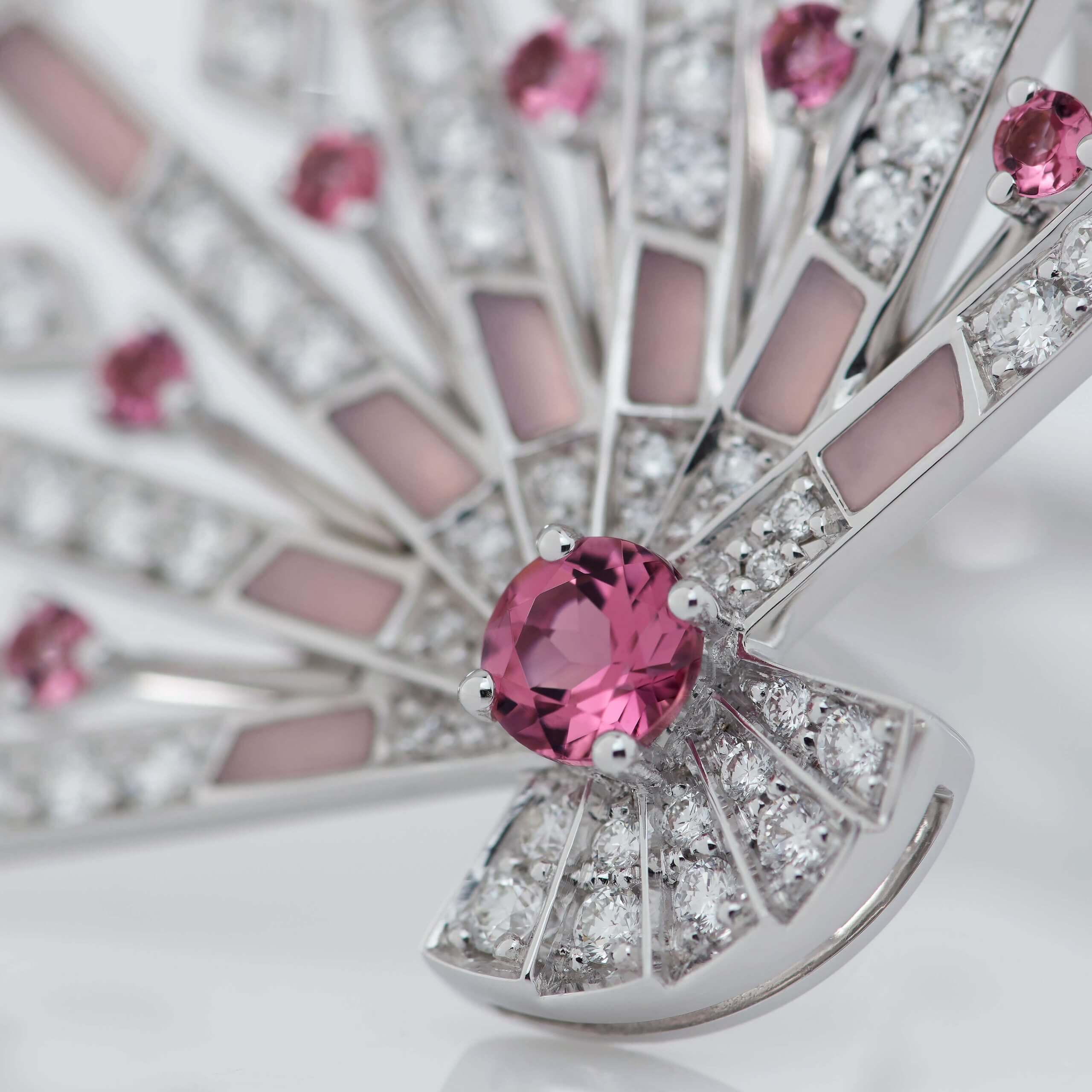 Fanfare Symphony Diamond and Pink Tourmaline Earrings | In 18ct White Gold with Pink Opal - Image 3