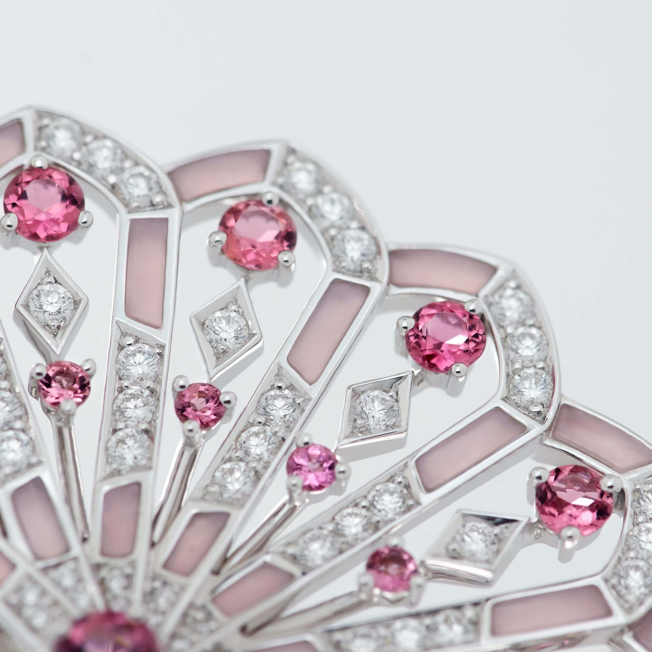 Fanfare Symphony Diamond and Pink Tourmaline Earrings | In 18ct White Gold with Pink Opal - Image 4